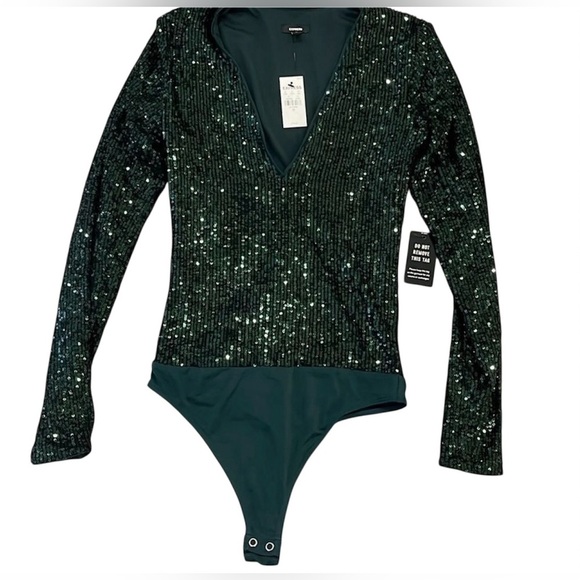 Green Express women’s NEW Sequin V-Neck Thong Bodysuit - Picture 1 of 15
